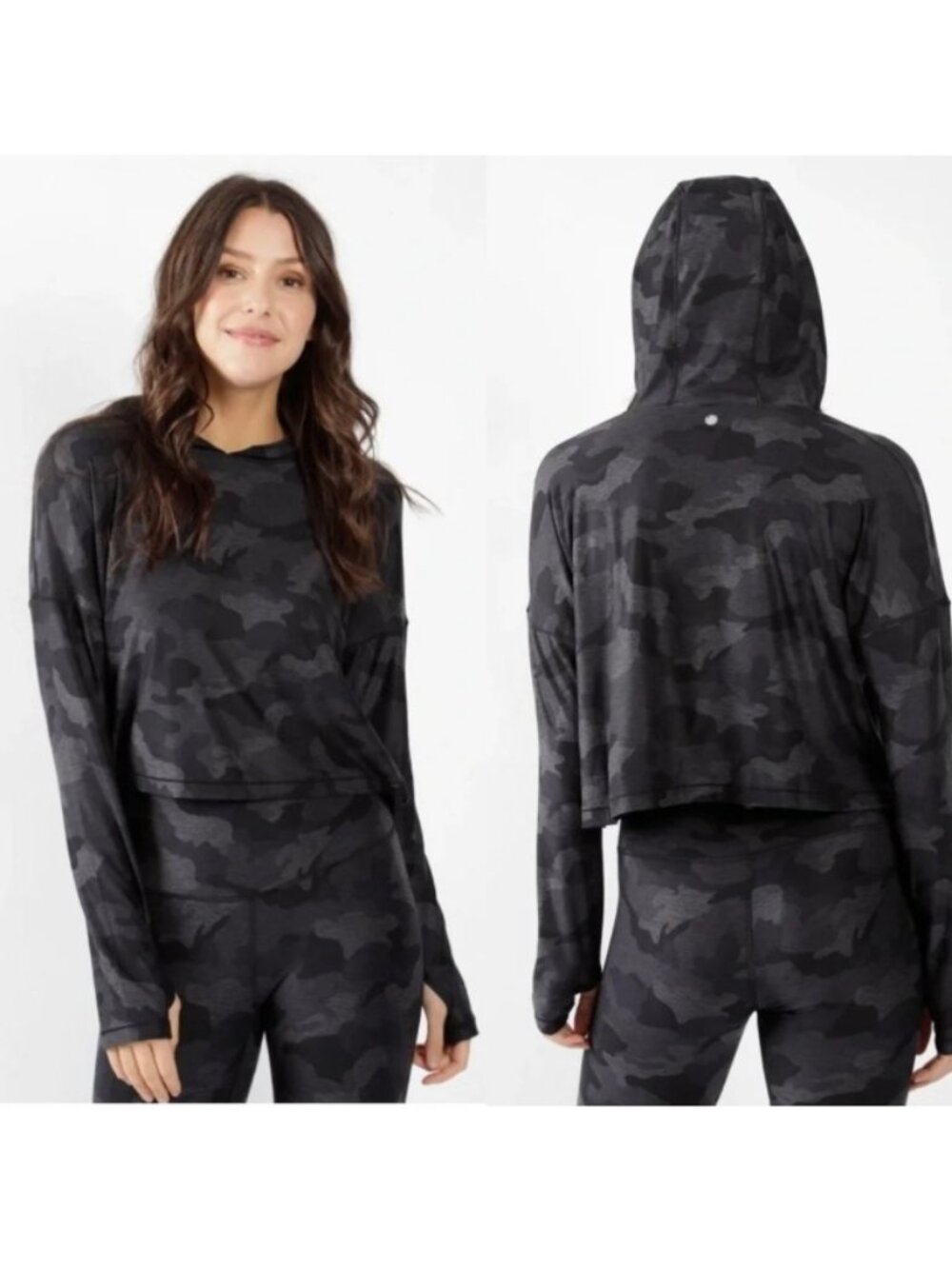 NWT Yogalicious Lux Women's Camo Cropped Hooded Long Sleeve Top Size Medium